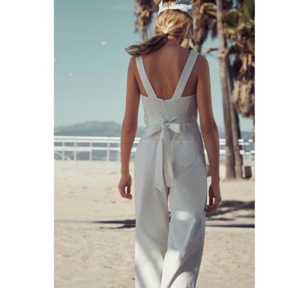 Anthropologie Jumpsuit Chino Wide Leg Tie Waist Modern Scalloped Cream 2 - Picture 2 of 14